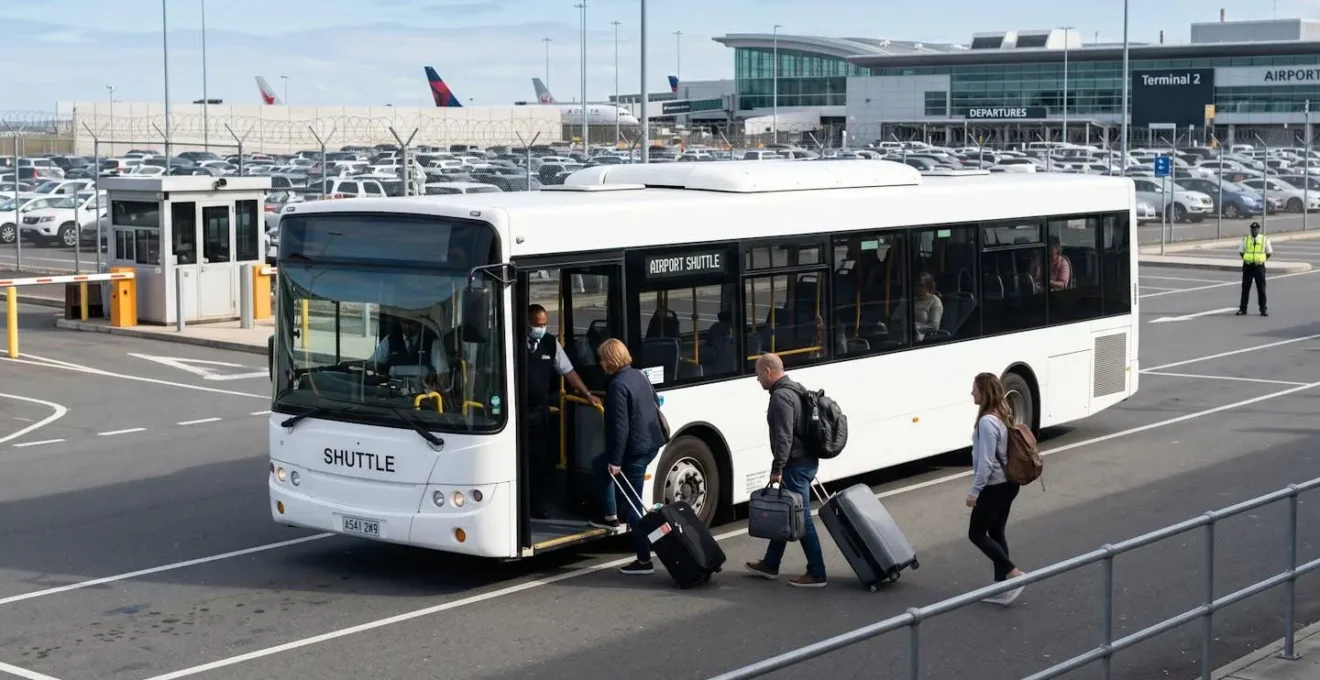 Passagers montant dans une navette climatisée blanche devant un parking sécurisé à Roissy