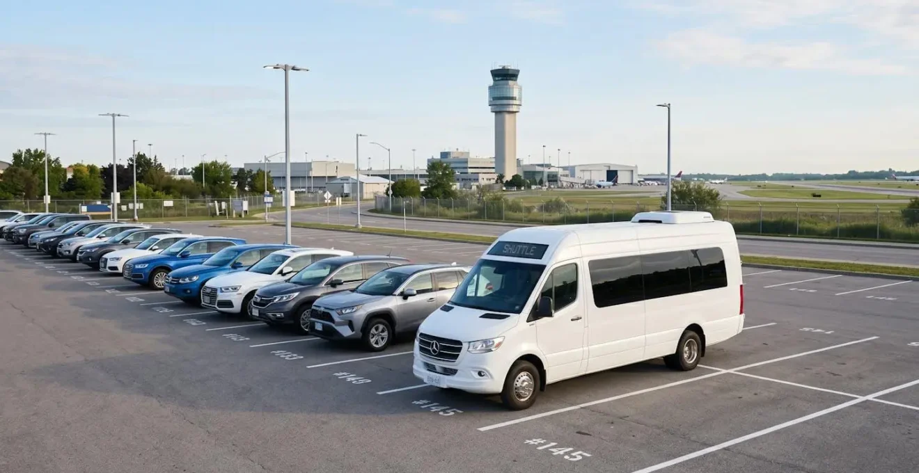Voiture garée dans un parking extérieur sécurisé à proximité de Roissy CDG, avec un bus navette climatisé en arrière-plan
