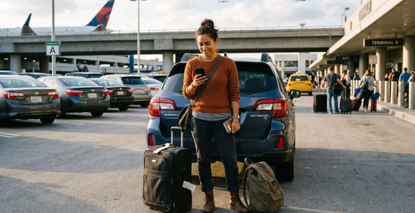 Voyageur consultant son téléphone portable pour vérifier sa réservation de parking avec navette avant un départ à Roissy