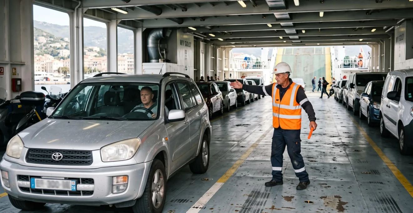 Un agent portuaire en gilet de sécurité guide une voiture dans le garage du ferry à Bastia.