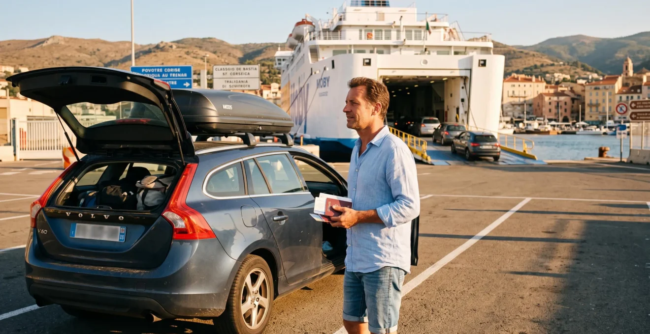 Une voiture familiale chargée de bagages attend dans la file d'embarquement du port de Bastia face à un ferry dont la rampe est abaissée.