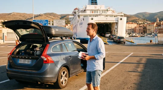 Une voiture familiale chargée de bagages attend dans la file d'embarquement du port de Bastia face à un ferry dont la rampe est abaissée.