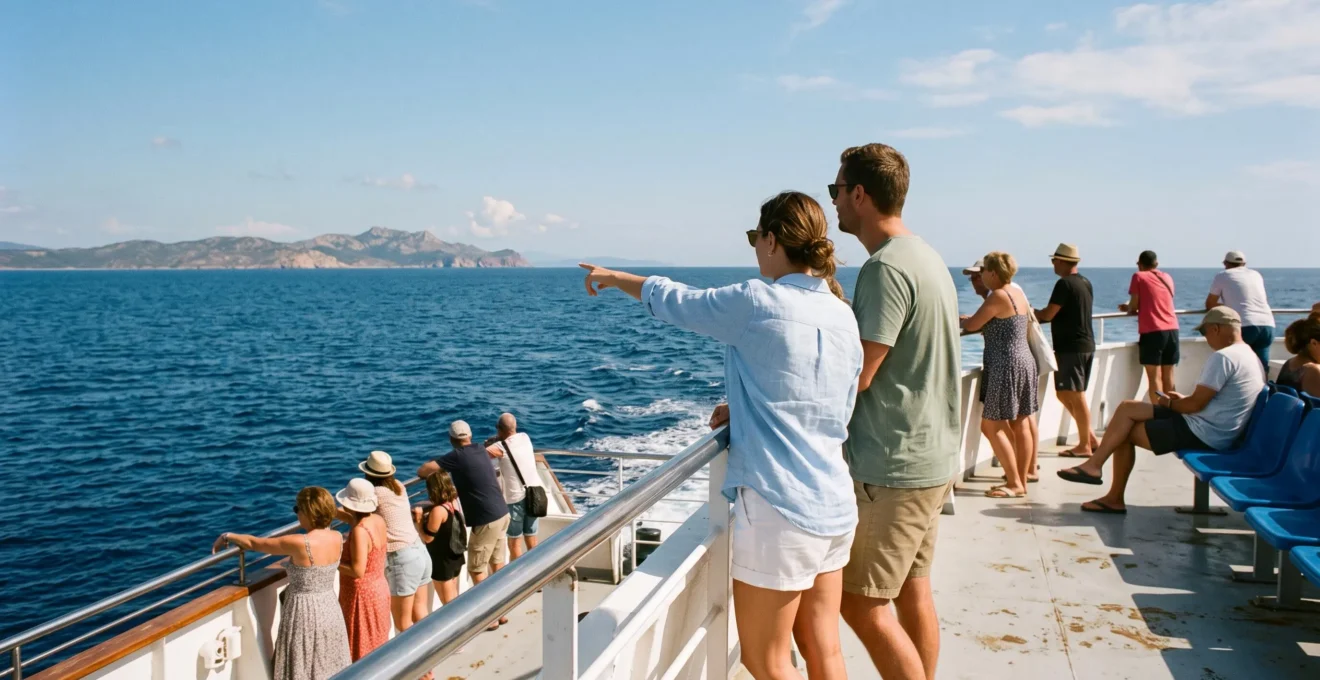 Des passagers appuyés à la rambarde d'un ferry en mer observent la côte sarde apparaître à l'horizon.