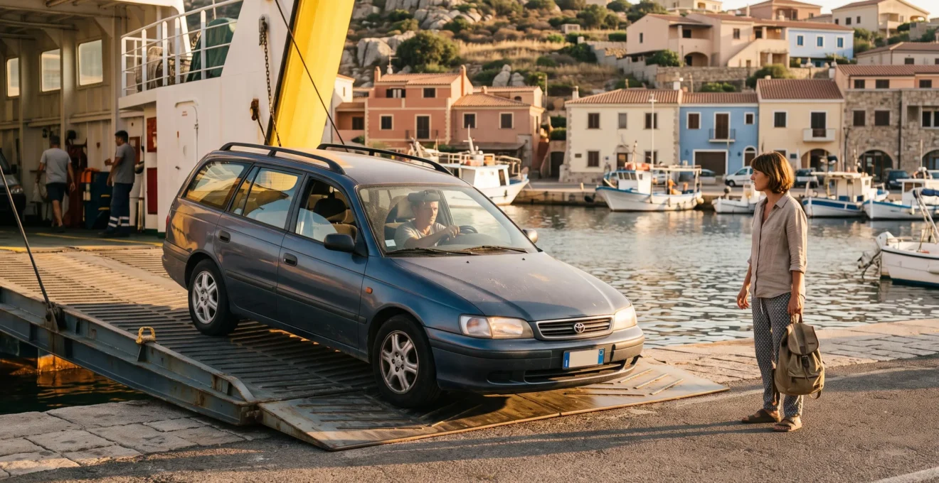 Une voiture familiale descend la rampe d'un ferry sur le quai du port de Santa Teresa di Gallura en Sardaigne.
